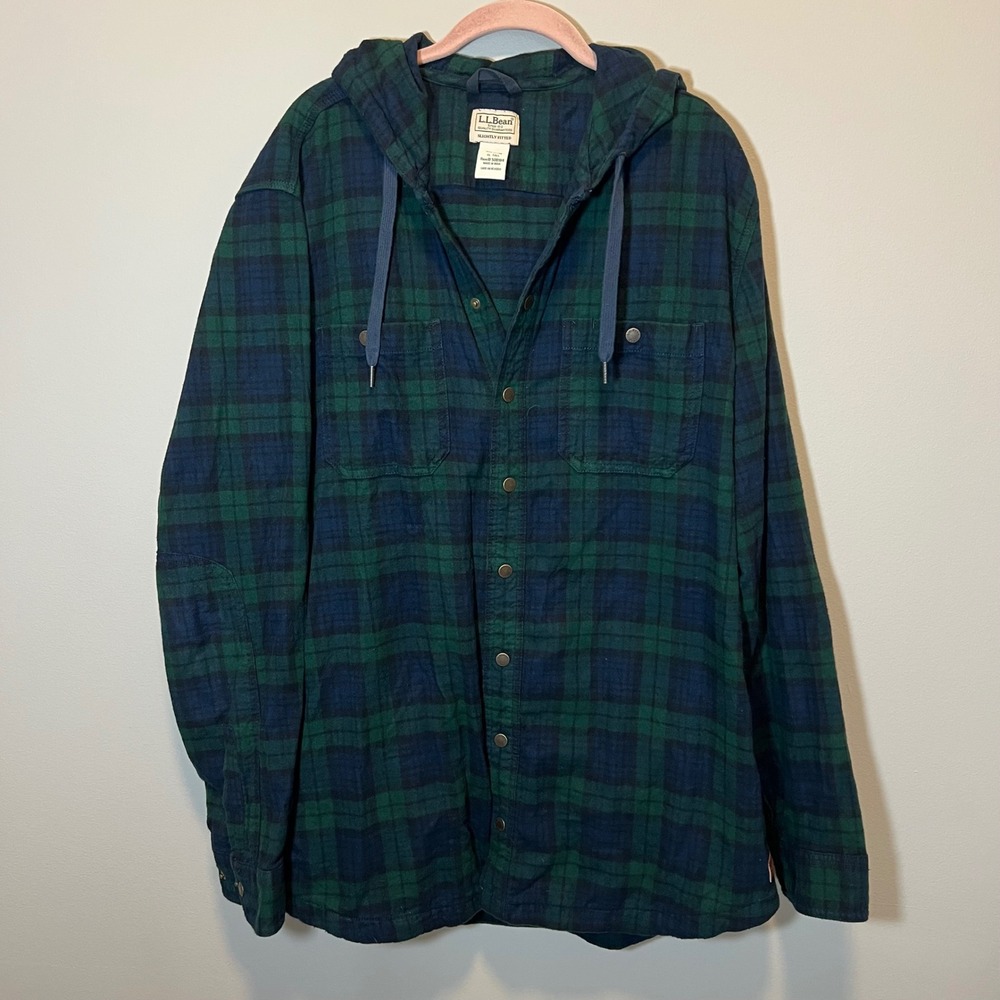 LL Bean Men's XL Tall Blue Green Plaid Hooded Flannel Shirt Jacket